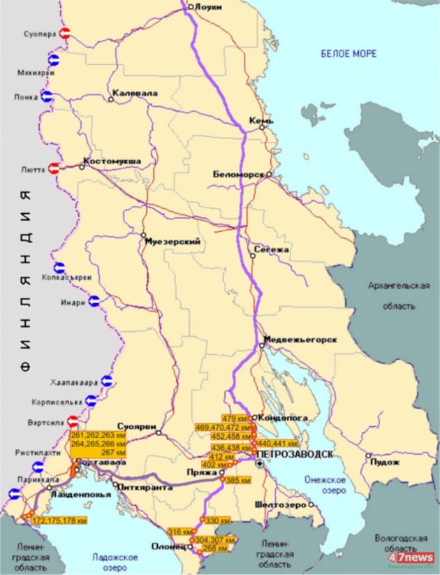 Схема мест концентрации ДТП на федеральных автодорогах М-18 "Кола" и "С-Петербург через Приозерск, Сортавала до Приозерска" за 6 месяцев 2009 года