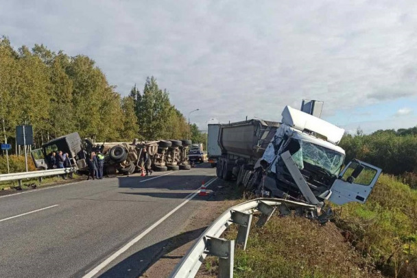 Разлетевшиеся грузовики тормозят движение на "Нарве" под Кингисеппом - видео и фото