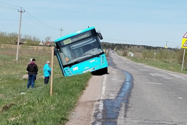 Лазурный автобус под Петербургом завалился на обочину