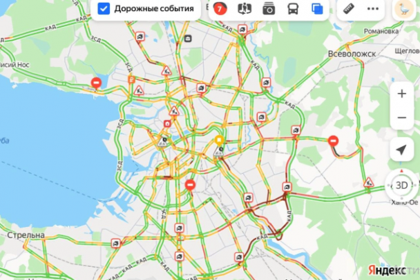 Аномальные пробки на КАДе - от Мурманского шоссе до съезда к Пулково и перед Софийской