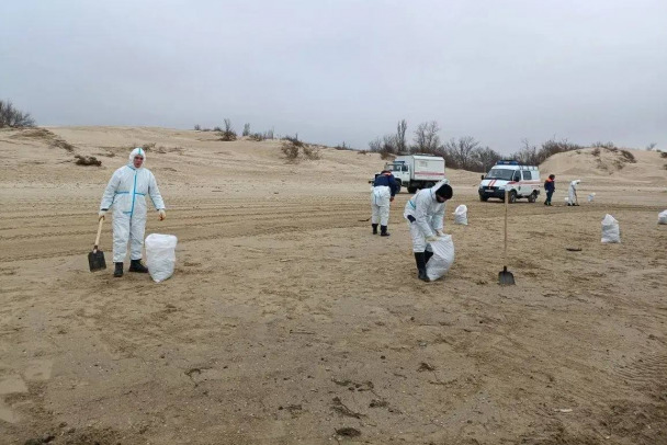 В Анапе все еще убирают мазут с пляжа – горючее вынесло после шторма