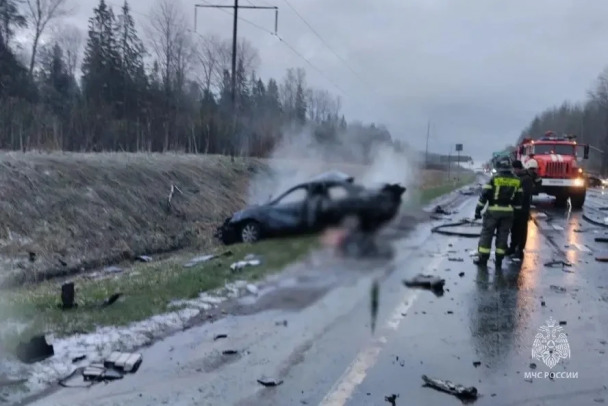 После удара легковушка загорелась. Кадры с места смертельного ДТП на трассе А-114